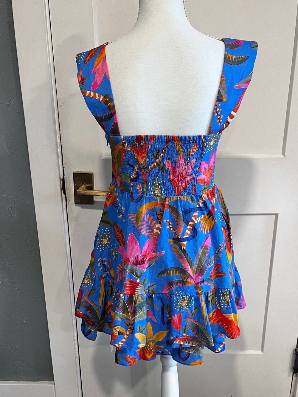 Farm Rio Macaw Blue Tiered Linen Blend Mini Dress XS - Picture 2 of 14